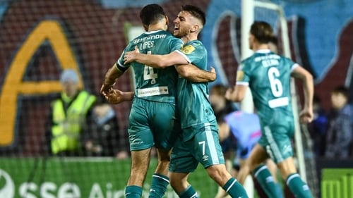 Dylan Watts, right, and Roberto Lopes celebrate Johnny Kenny's winner