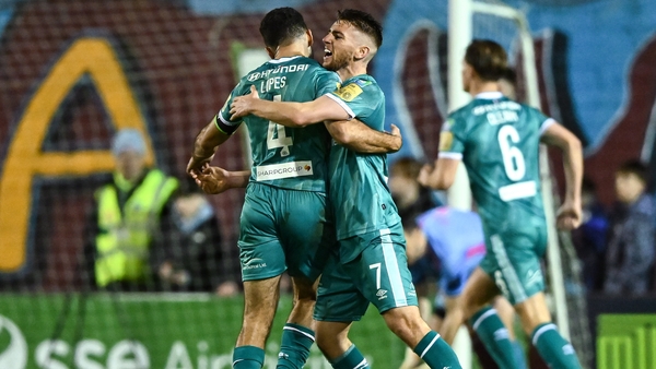 Dylan Watts, right, and Roberto Lopes celebrate Johnny Kenny's winner