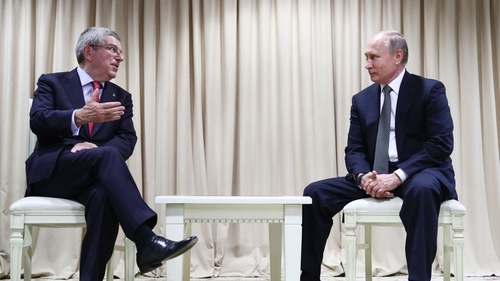 Thomas Bach and Vladimir Putin, pictured together at the 2019 European Games in Minsk