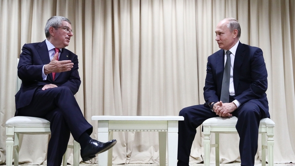 Thomas Bach and Vladimir Putin, pictured together at the 2019 European Games in Minsk