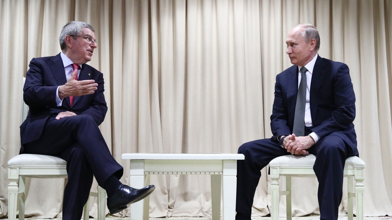 Thomas Bach and Vladimir Putin, pictured together at the 2019 European Games in Minsk