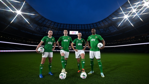 Pictured at the announcement that Sky is to become the men's primary sponsor are Republic of Ireland players, from left, Abbie Larkin, captain Seamus Coleman, captain Katie McCabe and Chiedozie Ogbene