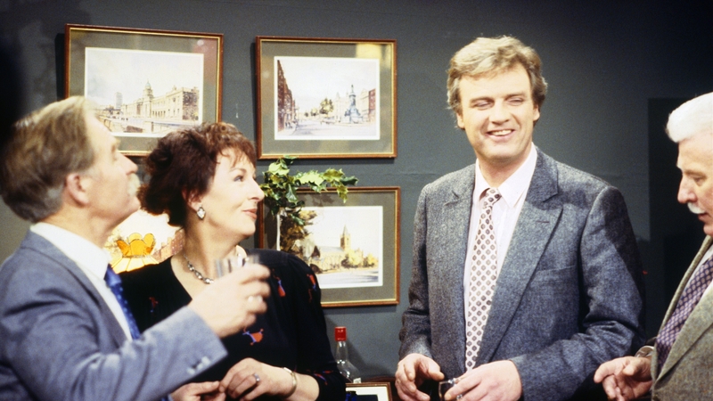 Robert Carrickford as Stephen Brennan, Geraldine Plunkett as Mary McDermott-Moran, Emmet Bergin as Dick Moran and Joe Lynch as Dinny Byrne in Glenroe