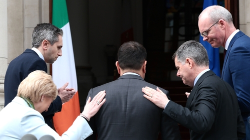 Party colleagues with Taoiseach Leo Varadkar after his resignation statement at Government Buildings yesterday. Photo: Leah Farrell/RollingNews.ie