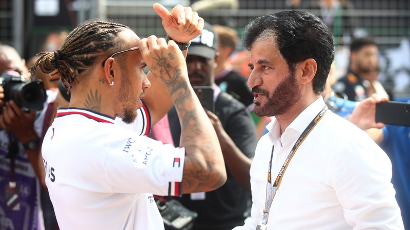 Lewis Hamilton talks with FIA president Mohammed ben Sulayem prior to the 2022 Netherlands Grand Prix
