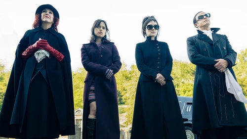The star-studded cast includes [L-R] Catherine O'Hara, Jenna Ortega, Winona Ryder and Justin Theroux