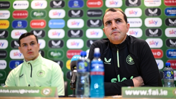 John O'Shea (R) speaking alongside Josh Cullen at the pre-match press conference