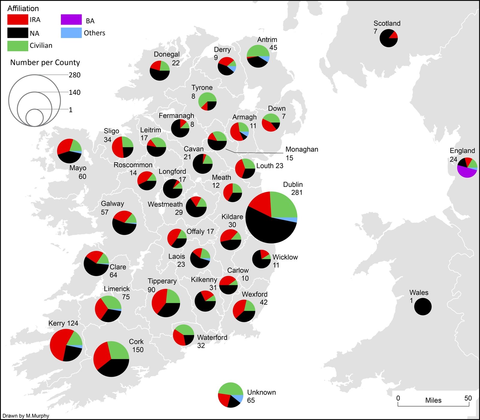 Map showing the county of origin of all those killed as a result of political violence in the thirty-two counties between 28 June 1922 and 24 May 1923. Click on the image to zoom in. Map: Irish Civil War Fatalities Project, UCC