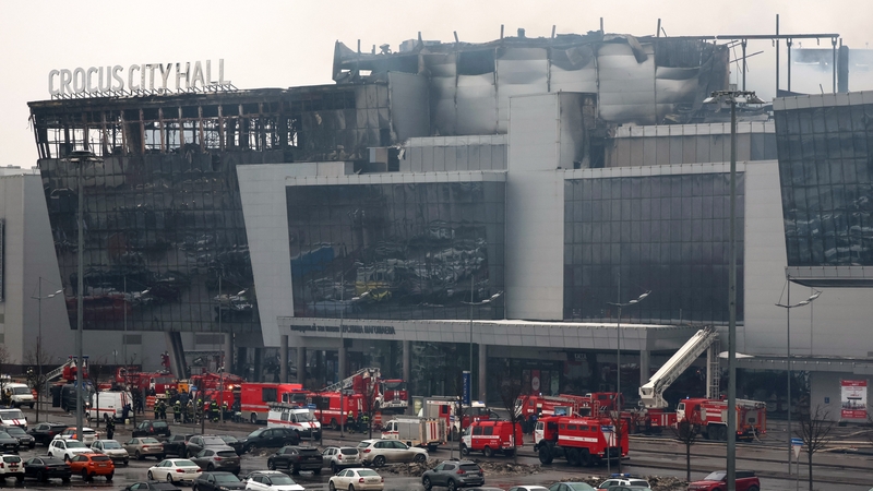 Emergency services at the scene of the gun attack at the Crocus City Hall concert hall outside Moscow