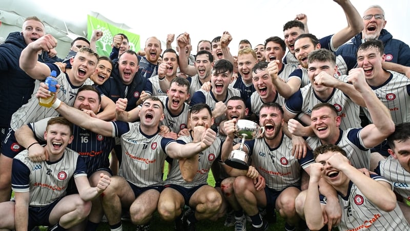 The New York team celebrate after winning the Connacht Hurling League in January