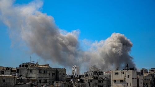 Smoke billows after Israeli bombardment in the vicinity of the Al-Shifa hospital in Gaza City on 23 March