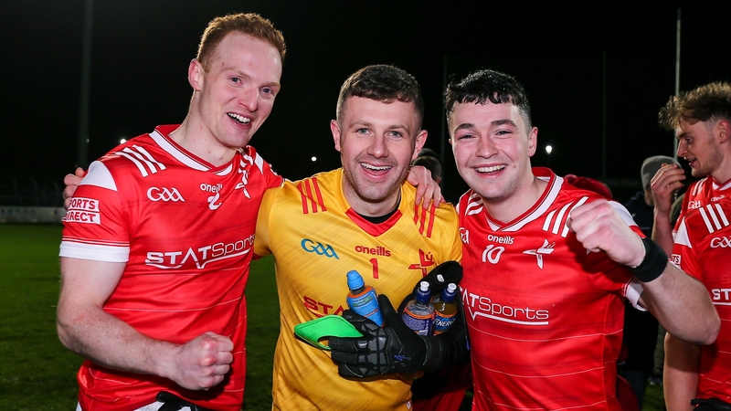 (L to R): Louth's Donal Mckenny, Niall McDonnell and Tom Jackson celebrate their win