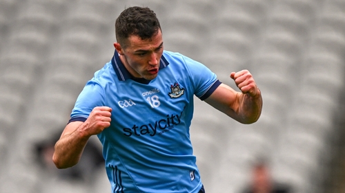 Colm Basquel celebrates scoring Dublin's fourth goal