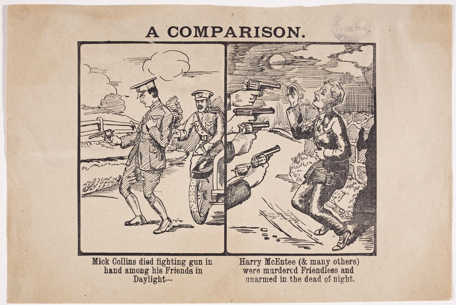 An anti-Treaty cartoon published after the end of the Civil War, comparing the deaths of Michael Collins and those on the other side of the conflict. Image courtesy of the National Library of Ireland