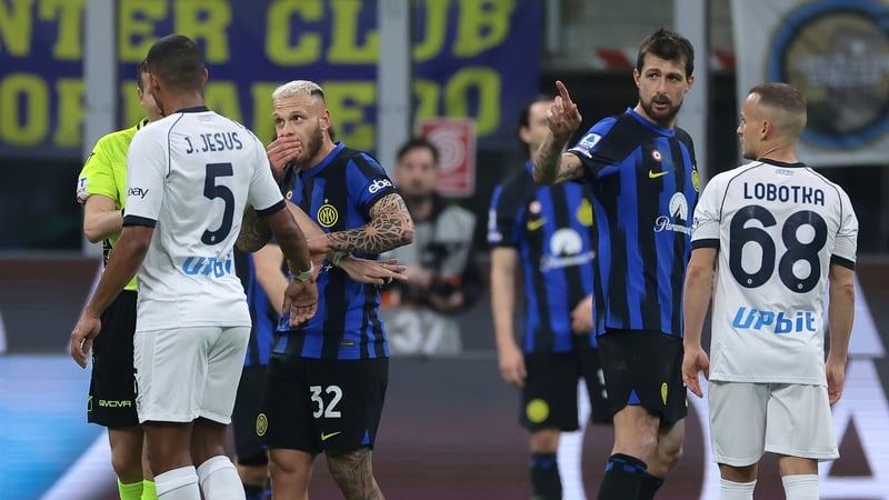 Francesco Acerbi points in the direction of Juan Jesus during the Serie A clash of Inter Milan and Napoli