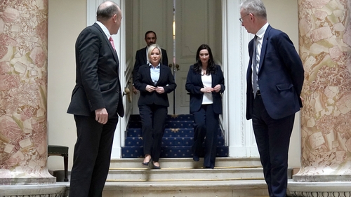 From left, Secretary of State for Northern Ireland Chris Heaton-Harris, First Minister Michelle O'Neill, Deputy First Minister Emma Little Pengelly and British Minister for Intergovernmental Relations Michael Gove