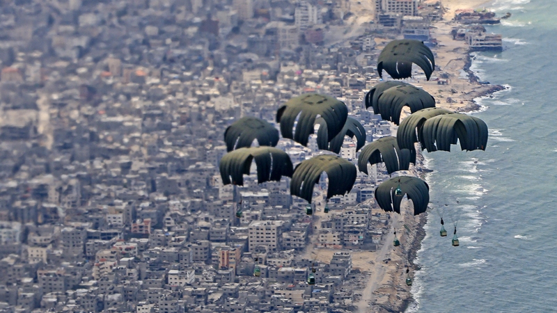 Humanitarian aid being airdropped over Gaza from a Royal Air Force aircraft