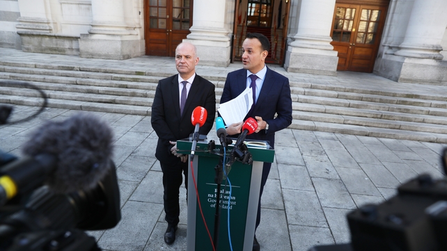 Leo Varadkar stands with Chief Medical Officer Dr Tony Holohan at Government Buildings in March 2020 where he said that mass public gatherings such as St Patrick's Day parades will not be cancelled amid the spread of Covid-19