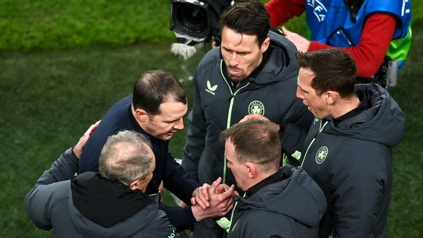 John O'Shea with Brian Kerr, Paddy McCarthy, Glenn Whelan and goalkeeping coach Rene Gilmartin during the friendly against Belgium