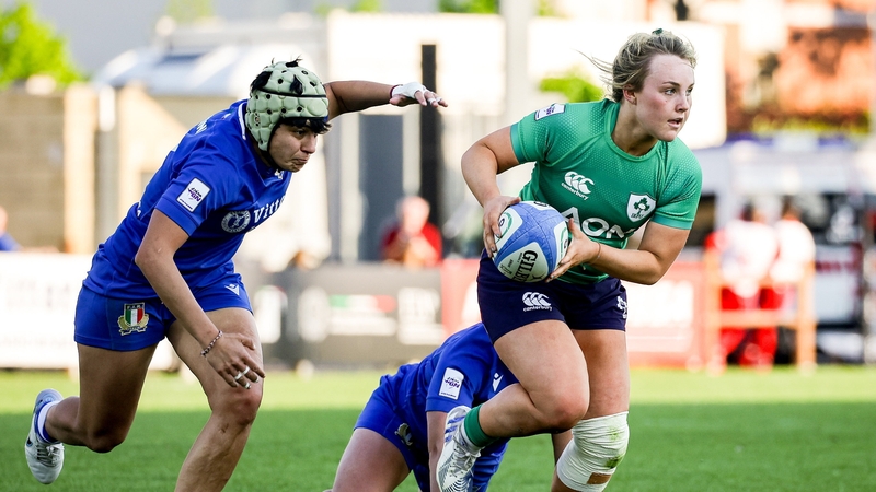 Aoife Dalton (R) in action against Italy in Parma in 2023