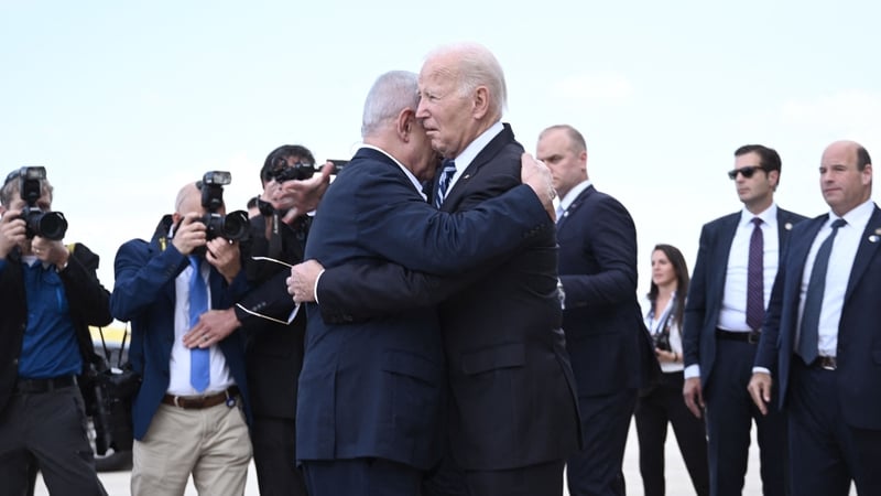 Israel Prime Minister Benjamin Netanyahu hugs US President Joe Biden, Tel Aviv, October 18, 2023. (Photo:Getty)