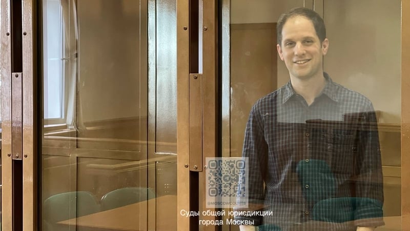 Evan Gershkovich seen appearing for a hearing at the Moscow City Court in Moscow on 26 March (Image: Moscow City Court Press Service)