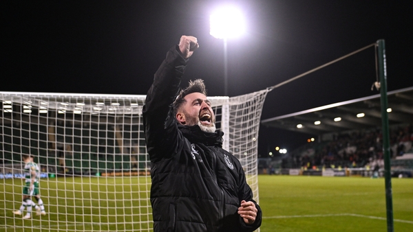 Stephen Bradley celebrates in front of the Shamrock Rovers faithful