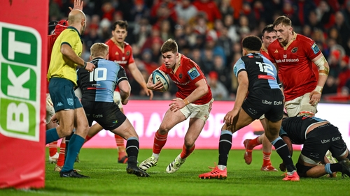 Jack Crowley drives for the tryline against against Cardiff
