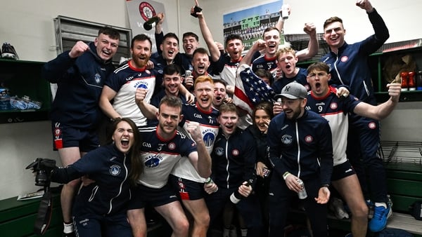 New York players and staff celebrate after their historic win over Leitrim last year