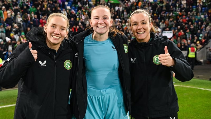Sophie Whitehouse, Courtney Brosnan and Grace Moloney celebrate after the 6-1 thumping of Northern Ireland at Windsor Park in December in the Nations League