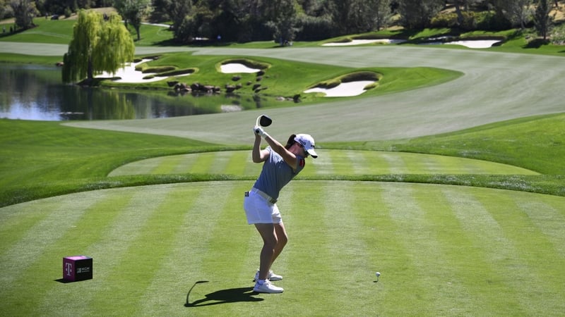 Leona Maguire plays her tee shot on the fourth hole at Shadow Creek
