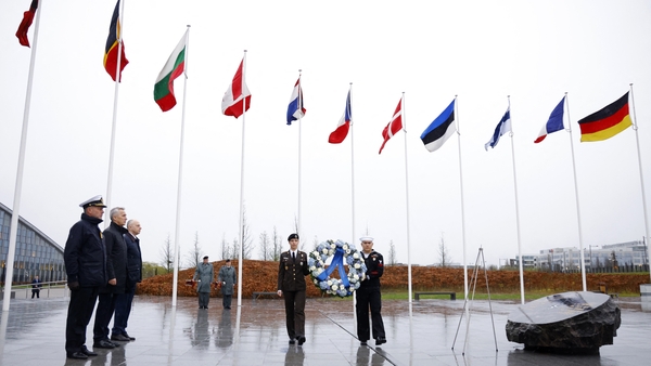 Jens Stoltenberg attends a ceremony to mark NATO's 75th anniversary