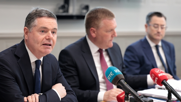 Minister Paschal Donohoe and Michael McGrath at a press conference this afternoon