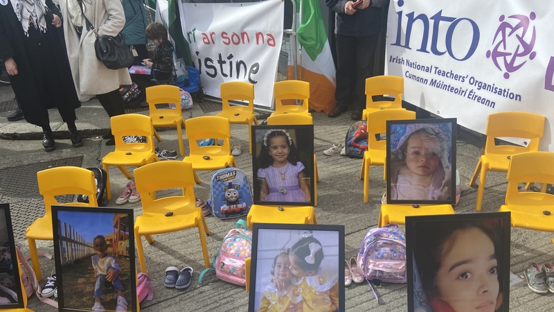 Chairs were lined up in front of the Israeli embassy to symbolise the impact on children of the ongoing war in Gaza