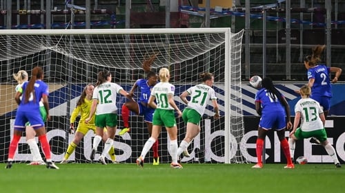 Maelle Lakrar (No 2) volleys the ball across goal for Marie Antoinette Katoto to tap home