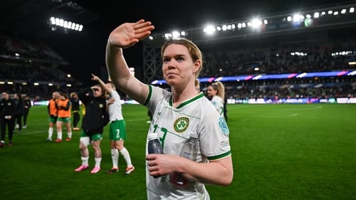 Aoife Mannion salutes the travelling fans at Stade Saint-Symphorien in Metz