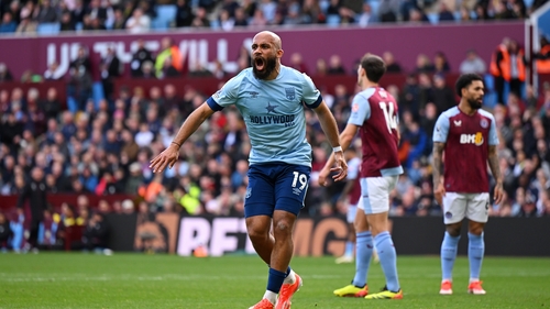 Brentford's Bryan Mbeumo celebrates his goal against Aston Ville