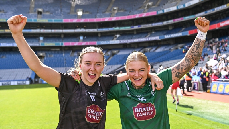 Neasa Dooley, left, and Mary Hulgraine celebrate the Kildare win