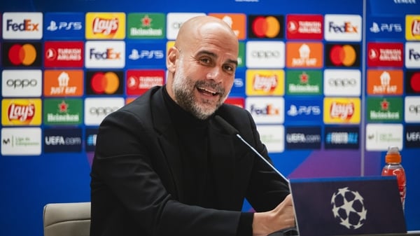 Pep Guardiola addresses the media at the Bernabeu on Monday evening