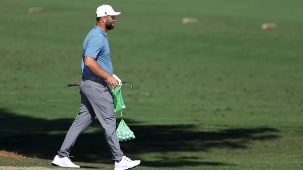 Jon Rahm working on his game in the practice area of Augusta National