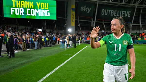 Katie McCabe salutes supporters at the Aviva after Ireland lost to England