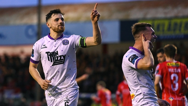 Jordan Flores celebrates his first-half penalty at Tolka Park with Bohemians team-mate Dayle Rooney