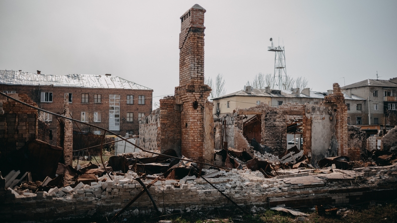 Damaged buildings pictured in Lyman in eastern Ukraine amid the ongoing war following Russia's invasion in 2022