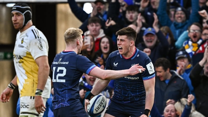 Leinster's Dan Sheehan celebrates with Jamie Osborne after scoring his side's fourth try