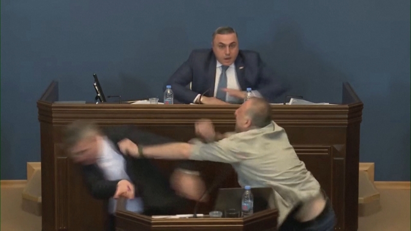 Mamuka Mdinaradze, from the ruling Georgian Dream party, being punched in the face by opposition MP Aleko Elisashvili