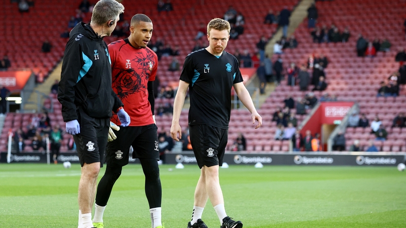 Gavin Bazunu leaves the pitch during the warm-up ahead of Southampton's clash with Preston