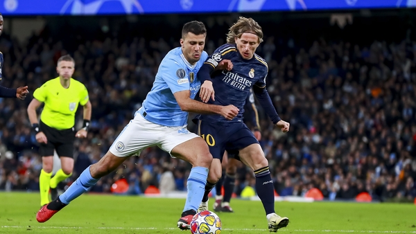 Rodri of Manchester City and Luka Modric of Real Madrid