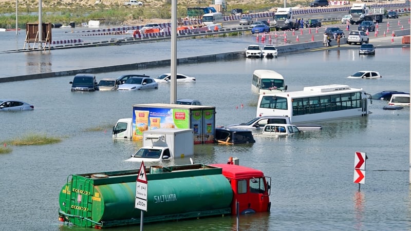 Many vehicles have been left stranded on flooded highways in Dubai after the flooding