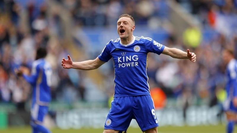 Leicester goalscorer Jamie Vardy shares his delight with the West Brom supporters