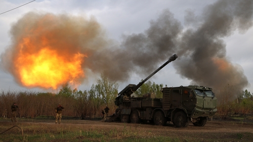Gunners from 43rd Separate Mechanised Brigade of the Armed Forces of Ukraine fire at Russian position with a 155mm self-propelled howitzer 2C22 'Bohdana', in the Kharkiv region